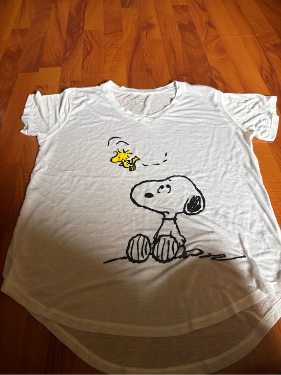 Peanuts Tops - Peanuts White Tee with Yellow Woodstock & Black Snoopy Graphic